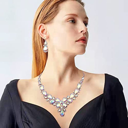 Women's Wedding Bridal Austrian Crystal Glass Teardrop Statement Necklace Dangle Earrings Bracelet Ring Wedding Party Jewelry Set for Bridal Bridesmaid - color: AB Crystal-Platinum Plated