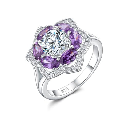 Flower Engagement Promise Ring Sterling Silver Birthstone Rings for Women Sapphire/Emerald/Ruby Gemstone Six Leaf Clover Statement Cocktail Ring Size 6 to 10 - style: 02. February-Created Amethyst
