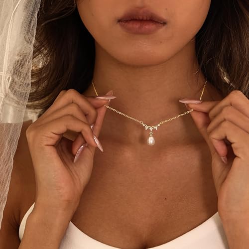 Pearl Necklaces for Women,Dainty Gold Pendant Necklaces Waterproof Jewelry | 14K Gold Plated Pearl Necklaces,Dainty Elegant Wedding Necklace,Small Cute Adjustable Minimalist Necklace,Non Tarnish Jewelry - color: GOLD-5