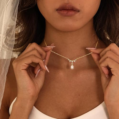 Pearl Necklaces for Women,Dainty Gold Pendant Necklaces Waterproof Jewelry | 14K Gold Plated Pearl Necklaces,Dainty Elegant Wedding Necklace,Small Cute Adjustable Minimalist Necklace,Non Tarnish Jewelry - color: GOLD-5