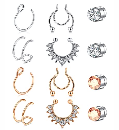 Fake Nose Ring Hoop Double Fake Septum Rings Fake Nose Piercing Clip on Earring Hoops Faux Nose Rings Lip Ring - color: A21-silver+rose gold