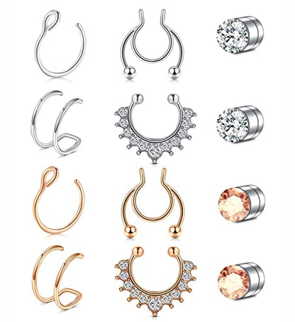 Fake Nose Ring Hoop Double Fake Septum Rings Fake Nose Piercing Clip on Earring Hoops Faux Nose Rings Lip Ring - color: A21-silver+rose gold