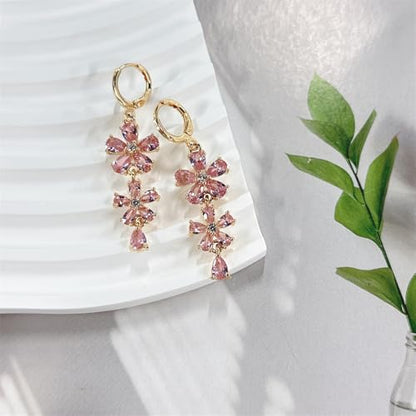 Cute Pink CZ Flower Dangle Drop Hoop Earrings for Women Dainty Elegant Gold Plated Crystal Floral Teardrop Tassel Statement Dangling Hypoallergenic Lightweight Fashion Trendy Jewelry for Her Bff