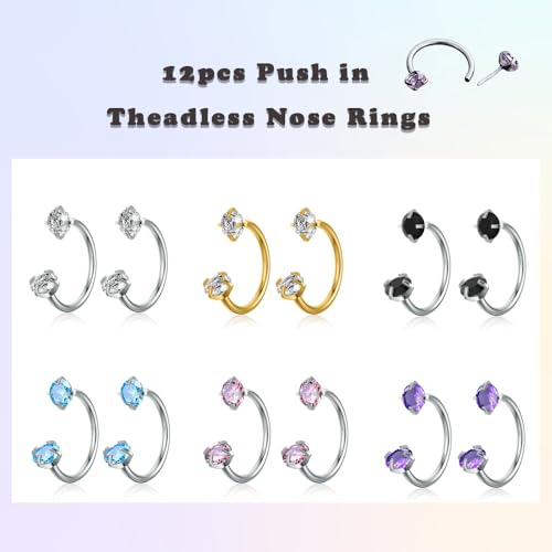 TOPBRIGHT 12PCS 316L Stainless Steel Horseshoe Nose Rings - 20G Threadless Push Pin Hoops with Double Cubic Zirconia for Women Men, Septum/Helix/Daith/Lip Piercing (7mm & 8mm)