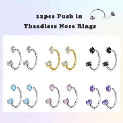 TOPBRIGHT 12PCS 316L Stainless Steel Horseshoe Nose Rings - 20G Threadless Push Pin Hoops with Double Cubic Zirconia for Women Men, Septum/Helix/Daith/Lip Piercing (7mm & 8mm)