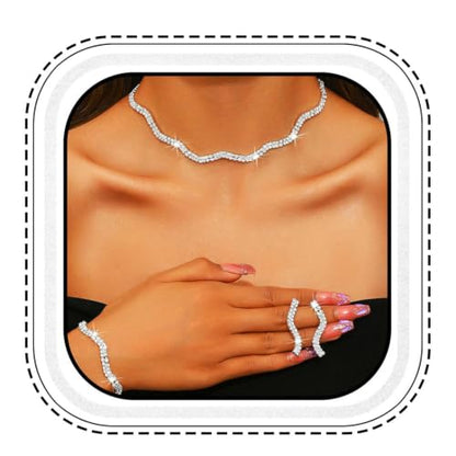 Aukmla Rhinestones Bridal Wedding Jewelry Set Choker Necklaces Earrings Bracelet Sets Prom Jewelry for Women and Brides - color: Silver