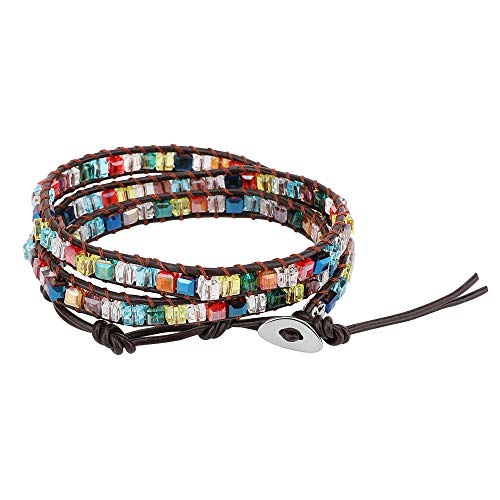Emibele Layered Leather Bracelet, Rivet Leopard Print Bohemian Style Multilayer Wrap Bracelet, Handmade Agate Amethyst Chakra Crystal Glass Beaded Shell Bracelet for Women - color: Crystal Glass