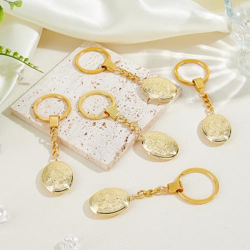 SUPERFINDINGS 5Pcs Locket Keychains Brass Memory Photo Locket Keychain Oval Flower Locket Keychains for Bag Hat Key - color: Golden