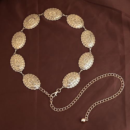 ILuvatar Western Metal Concho Belt for Women Cowgirl Waist Chain for Women Dress Pants Adjustable - color: Gold-t65