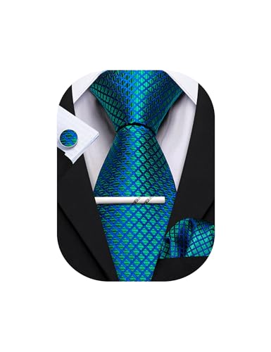 YOHOWA Men Plaid/Striped Ties Clip Set Silk Necktie Pocket Square Cufflinks | Woven Classic,Formal/Casual Mens Tie,Pocket Square Cufflinks Set,Luxury,Business,Wedding,Party,Prom,Graduation - color: A Teal