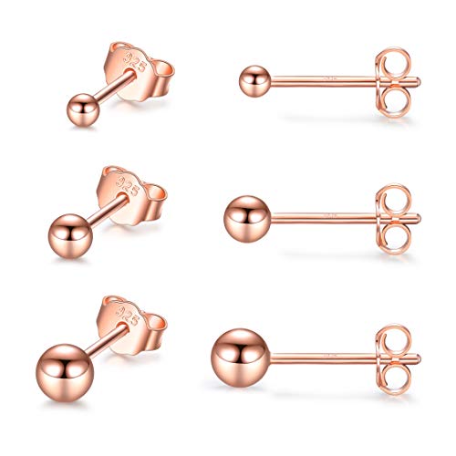 EPIRORA Sterling Silver Stud Earrings for Women- 3 Pairs Tiny Ball Stud Earrings Round CZ Cubic Zirconia Earrings Pearl Earrings Set Cartilage Small Tragus Earrings(2mm,3mm,4mm) - style: Ball earrings(2mm,3mm,4mm)-18k Rose gold plated