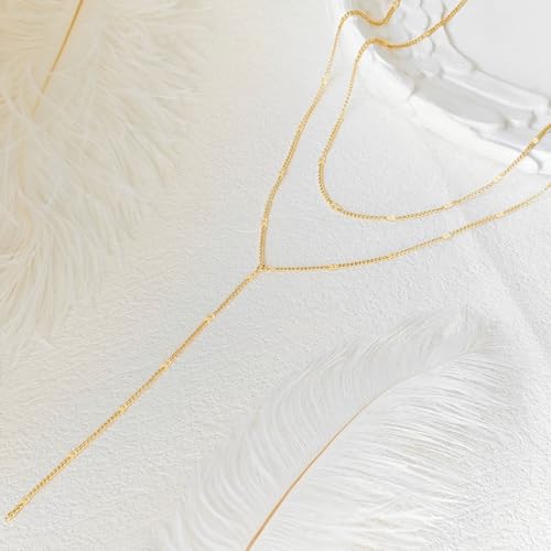 Luxval Lariat Gold Necklace for Women, Dainty Long Necklace 14k Gold Plated/Silver Y-Shaped Pendant Necklaces Trendy Beaded Chain Drop Necklaces Jewelry for Women Gifts - color: Gold-Y Layered Shinny Necklace