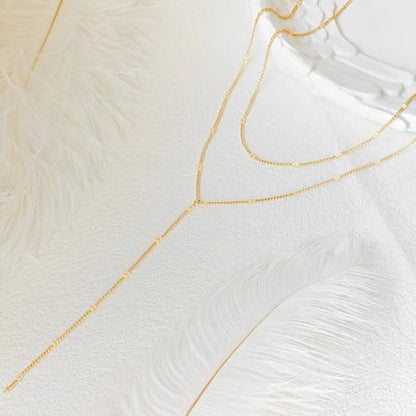 Luxval Lariat Gold Necklace for Women, Dainty Long Necklace 14k Gold Plated/Silver Y-Shaped Pendant Necklaces Trendy Beaded Chain Drop Necklaces Jewelry for Women Gifts - color: Gold-Y Layered Shinny Necklace