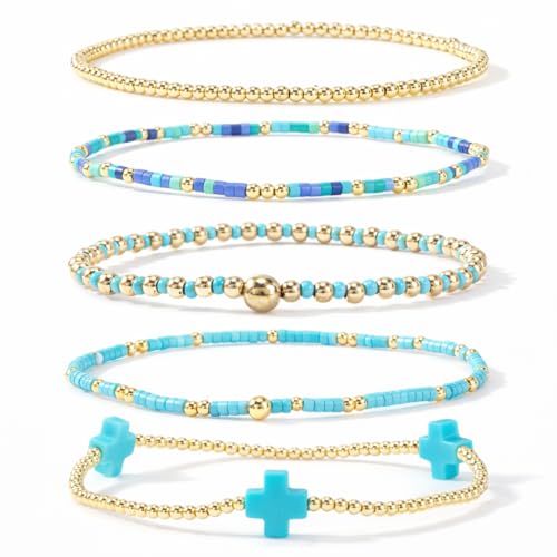 Gold Bracelets for Women, Beaded Cross Stack, Non Tarnish Set，Set-1 | Gold Beaded Bracelet Stack with Stretch Fit, Waterproof Finish and Dainty Design for Everyday Wear and Gifts - color: Colors-6