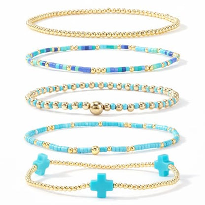 Gold Bracelets for Women, Beaded Cross Stack, Non Tarnish Set，Set-1 | Gold Beaded Bracelet Stack with Stretch Fit, Waterproof Finish and Dainty Design for Everyday Wear and Gifts - color: Colors-6