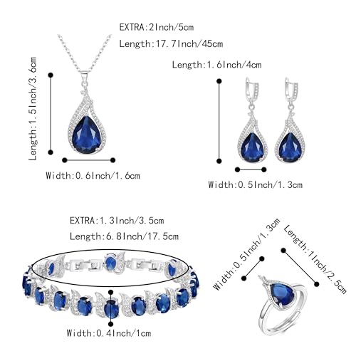 Jewelry Set for Bride, Sparkling Water Drop Cubic Zirconia Crystal Pendant Necklace Leverback Earrings Tennis Bracelet Adjustable Ring Gift for Wedding/Birthday/Mother's Day/Christmas - color: 15-Sapphire Color