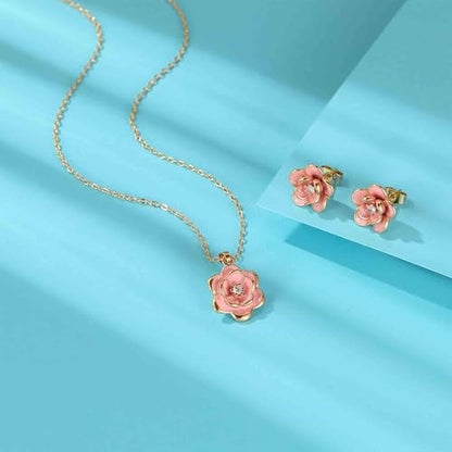 EVEVIC Dainty Flower Pendant Necklace Earrings for Women 14K Gold Plated Hypoallergenic Jewelry Sets - color: Pink /Rose Gold-tone