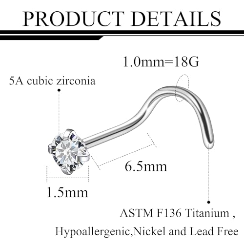 ASTM F136 Titanium Nose Rings 18G 20G 22G Clear Cubic Zirconia Nose Studs Ring Screw L-Shaped Bone Hypoallergenic Body Piercing Jewelry for Women 1.5mm 2mm 2.5mm 3mm 10PCS - style: Screw:18G(1.0mm)-1.5mm CZ