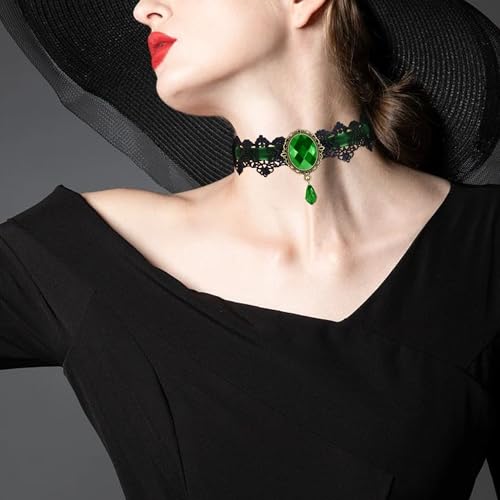 AILUOR Punk Rock Wedding Party Handmade Black Lace Choker, Gothic Retro Lolita Beads Chain Vampire Pendant Necklace for Women Halloween - color: Green