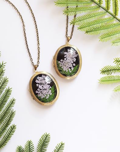 Handmade Oval Shaped Photo Locket with dried Pressed Flowers Locket pendant Necklace - style: Oval-Purple Lace