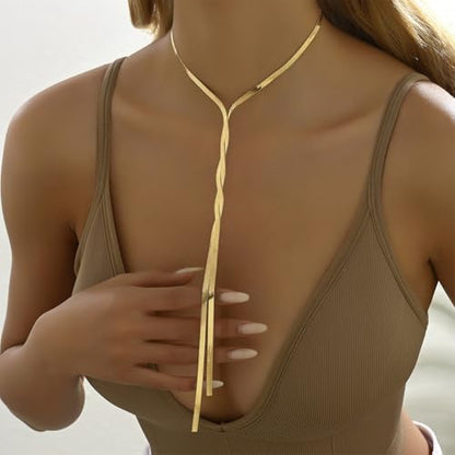 Long Gold Necklace for Women Dainty Lariat Necklaces Twist Snake Chain Y Necklace Charm Trendy Jewelry Gifts - color: Gold
