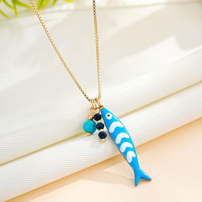 Fish Necklace for Women Gold Plated Fish Pendant Adjustable Necklace Bohemian Beach Jewelry - style: blue fish