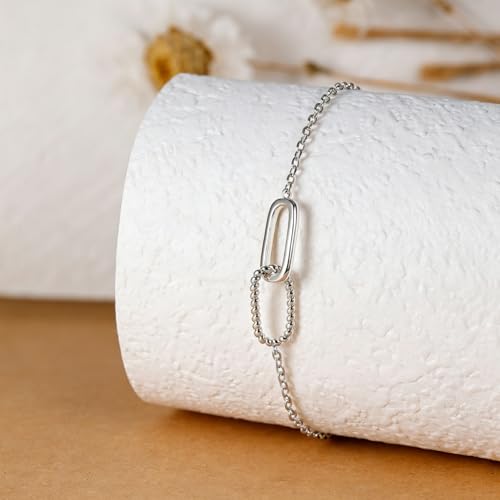Dainty Lucky Four Leaf Clover Bracelets for Women, Trendy 14K Gold Plated Hypoallergeni Cubic Zirconia Bracelets Cute Paperclip Interlocking Adjustable Chain - color: Silver Paperclip Bracelet