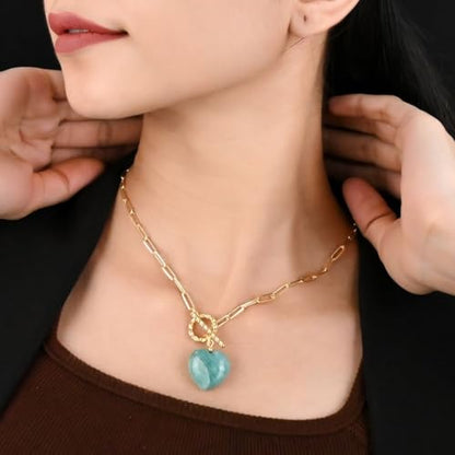 Gempires Gemstone Heart Pendant Necklace for Women, Gold Toggle Birthstone | Handmade gemstone heart pendant necklace — choose from 11 stones and birthstones, gold toggle paperclip chain. - color: Amethyst