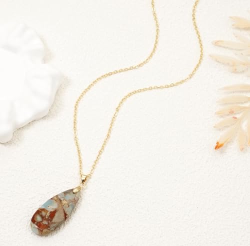 Stone Necklaces for Women Teardrop Gemstone Pendant Necklace Natural Stone Chain Necklaces - color: Khaki Gold