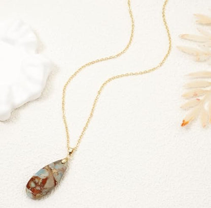 Stone Necklaces for Women Teardrop Gemstone Pendant Necklace Natural Stone Chain Necklaces - color: Khaki Gold