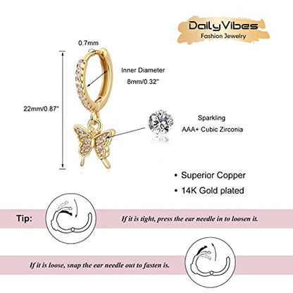 DAILY VIBES Cute Gold Mini Dangle Huggie Hoop Earrings for Women Trendy | 14K Gold Plated, Dainty Cubic Zirconia, Small Hoop Earrings with Charm Drop, Jewelry Gift for Women Ladies - color: Butterfly CZ