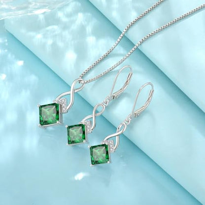 Infinity Necklace 925 Sterling Silver Princess Cut Pendant Birthstone Jewelry for Women - color: Emerald Green