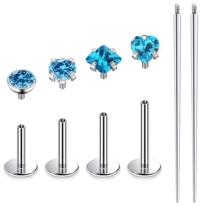 Titanium Flat Back Lip Rings Internally Threaded Earrings Studs Nose Rings 20G 18G 16G Round Heart Square CZ Tragus Cartilage Lobe Rook Helix Conch Labret Medusa Piercing Jewelry for Women Men - color: Ocean Blue CZ, size: 16G-6/8/10mm