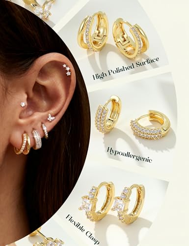ADRAMATA Hypoallergenic Gold Earrings Stack for Women - 7Pairs Surgical Steel Small Chunky Huggie Hoops & Flat Back Stud Earrings Set Silver Cartilage Jewelry Trendy Christmas Gifts - style: Shiny - Gold
