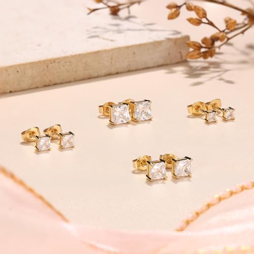 MILACOLATO S925 Sterling Silver Stud Earrings for Women Men Hypoallergenic 18K Gold Plated Cubic Zirconia Earrings Studs Brilliant Simulated Diamond Halo Earring for Sensitive Ears - style: 18K Gold Plated - Square CZ