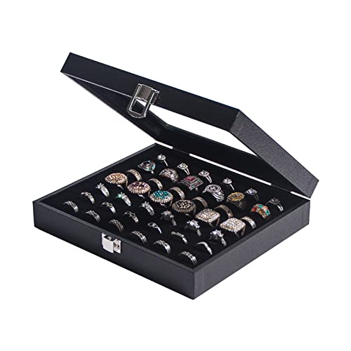Pangkeep Ring Organizer Display Case,Black Jewelry Storage Tray Boxes for Multiple Rings,Glass Lid,Stackable. (42 Slots) - size: 42 Slots
