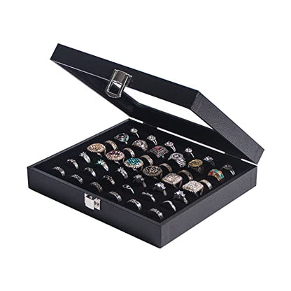 Pangkeep Ring Organizer Display Case,Black Jewelry Storage Tray Boxes for Multiple Rings,Glass Lid,Stackable. (42 Slots) - size: 42 Slots