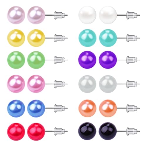 12 Pairs Colorful Pearl Stud Earrings for Women Stainless Steel Small Studs Set - color: Pearl: 10mm