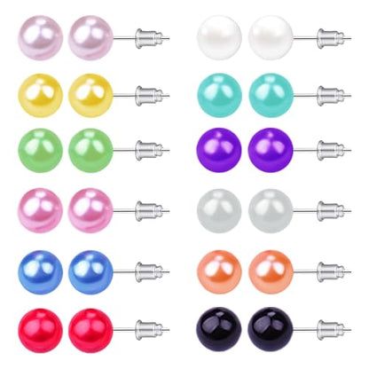 12 Pairs Colorful Pearl Stud Earrings for Women Stainless Steel Small Studs Set - color: Pearl: 10mm
