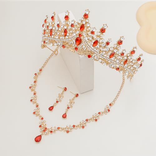 Crystal Crown Jewelry Set for Women Bride Queen Tiara Earrings and Necklace | Metal Royal Crown Costume Jewelry Set Wedding Prom Quinceanera Party Pageant Halloween Retirement Christmas Birthday Gift - color: Red