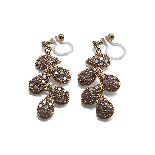 Drop Cubic Zirconia Invisible Clip On Earrings for Women Not Pierced Gold Teardrop Sqaure CZ Crystal Dangle Gold Silver Comfortable Clip On Earrings Bridal Wedding Prom - color: Leaf Gold