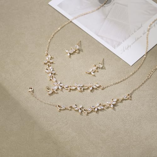 Crysdue Flower Leaf Wedding Jewelry Set for Bridal Bridemaid, Cubic Zirconia Teardrop Elegant Silver/14K/Rose Gold Plated Vine Necklace Dangle Earrings for Prom Party - style: B_Three Set Gold Tone
