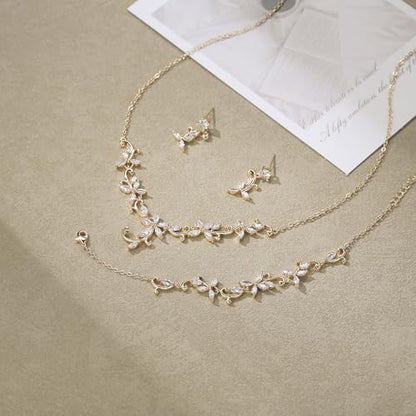 Crysdue Flower Leaf Wedding Jewelry Set for Bridal Bridemaid, Cubic Zirconia Teardrop Elegant Silver/14K/Rose Gold Plated Vine Necklace Dangle Earrings for Prom Party - style: B_Three Set Gold Tone
