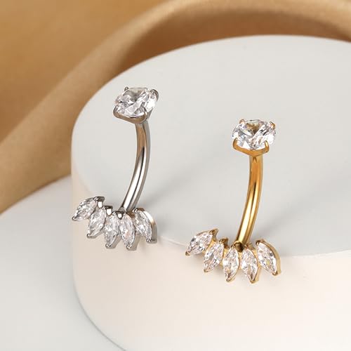 Gold Belly Button Ring, Titanium Dangle Floating Navel Piercing Jewelry - color: Silver-Leaf-10mm