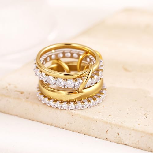 14K Gold Plated Stackable Rings for Women – 4-Piece Mixed Metal Ring Stack Set with Cubic Zirconia, Gold Silver Stacked, Two Tone Connected, Interlocking Statement Jewelry, Size 10