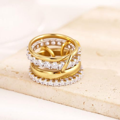 14K Gold Plated Stackable Rings for Women – 4-Piece Mixed Metal Ring Stack Set with Cubic Zirconia, Gold Silver Stacked, Two Tone Connected, Interlocking Statement Jewelry, Size 10