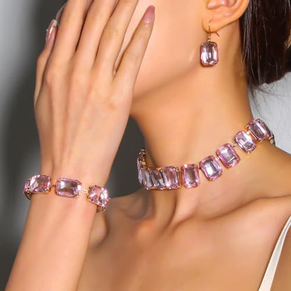 KOSMOS-LI Rectangle Faux Crystal Jewelry Sets Includ Necklace Bracelet Earrings For Women Stocking Stuffers - color: pink