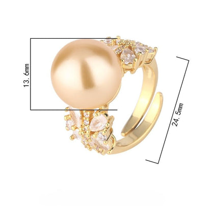 Double Side Butterfly Crystal Bezel Faux Pearl Open Ring, White Gray Gold Two Tone Silver Gold Luxury Evening Cocktail Ring for Women (white)