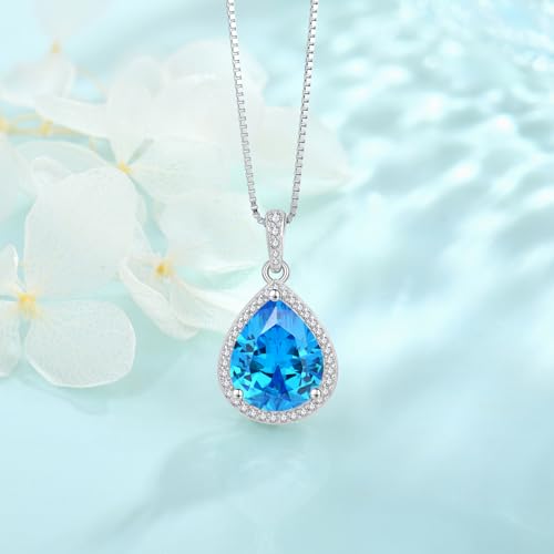 FJ Teardrop Pendant Necklace 925 Sterling Silver Birthstone Jewelry for Women - color: 03 March-Aquamarine