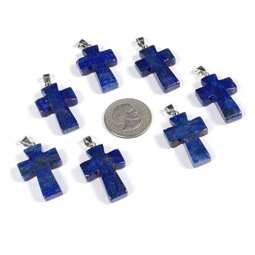 Justinstones 32mm Gemstone Carved Cross Reiki Chakra Pendant With Stainless Steel Necklace 22 Inch - color: Lapis